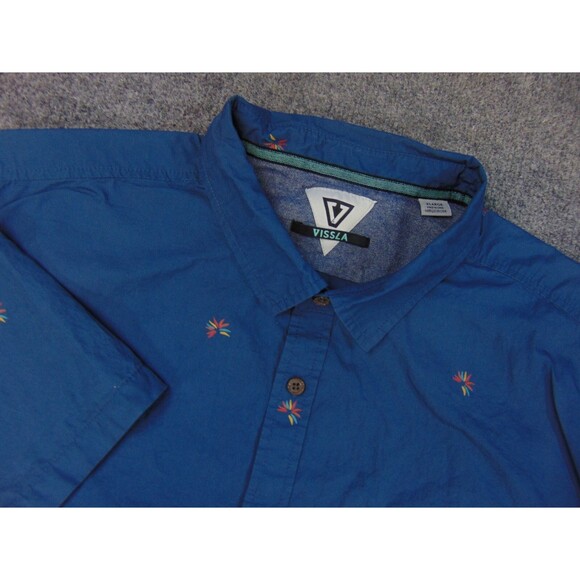 Vissla‎ Shirt Mens XL Blue Short Sleeve Button Front Fireworks Embroidered Surf - Picture 1 of 8